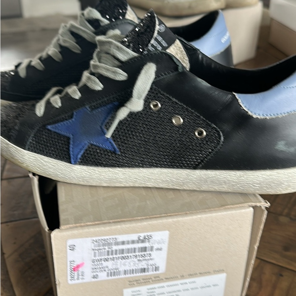 Golden Goose Super Star Black Glitter Blue Star Sneakers Size 40
